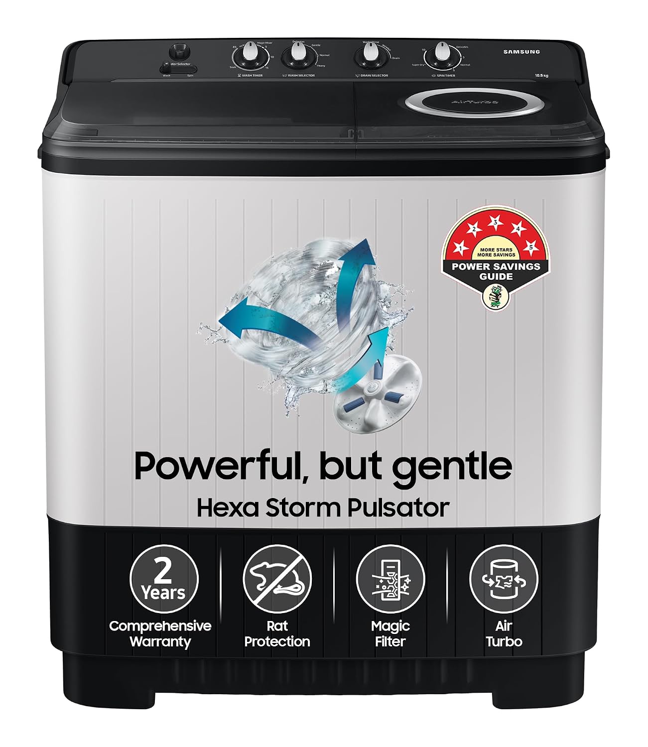 Samsung 10.5 kg, 5 star, Semi-Automatic Top Load Washing Machine (WT10C4260GG/TL, Air Turbo Drying, Light)